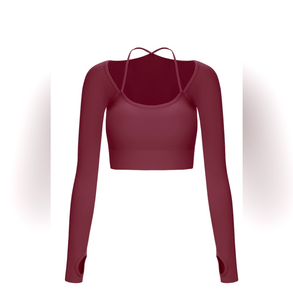 Ribbed Halter Strap Thumb Hole Cropped Yoga Sports Top